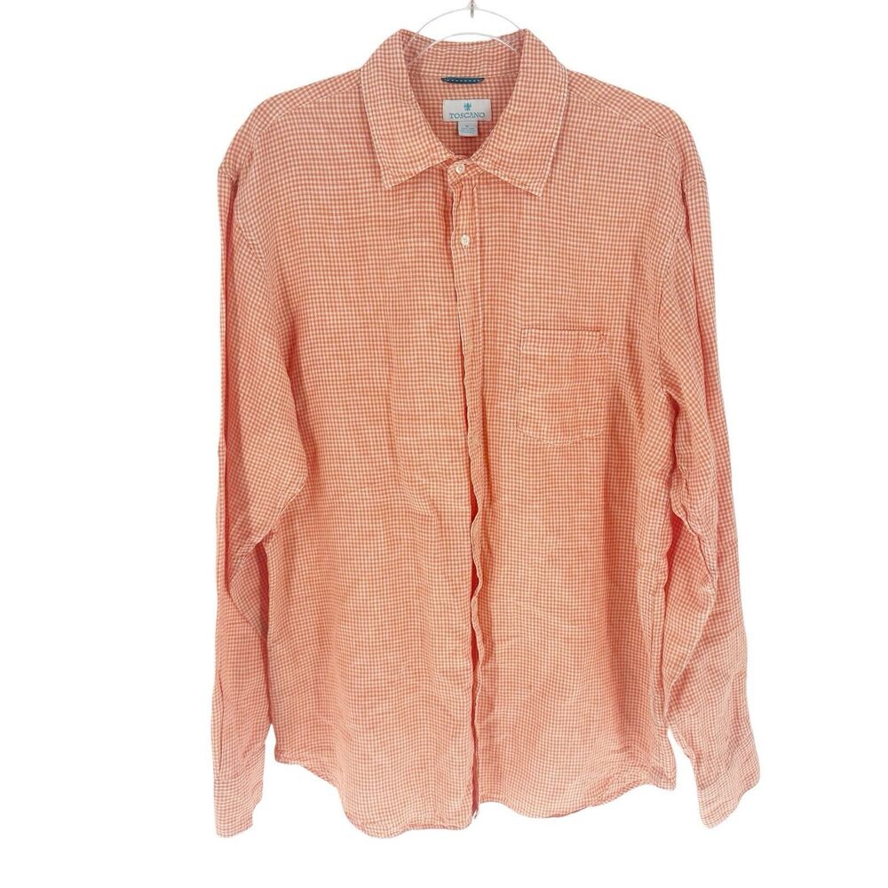 Toscano Shirt Mens XL Orange White Gingham Linen Long Sleeve Button Roll Tab